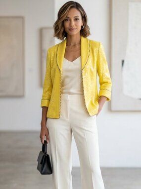 St John Couture Paillette Knit Yellow 3/4 Sleeve Blazer Vintage Luxury Size 6